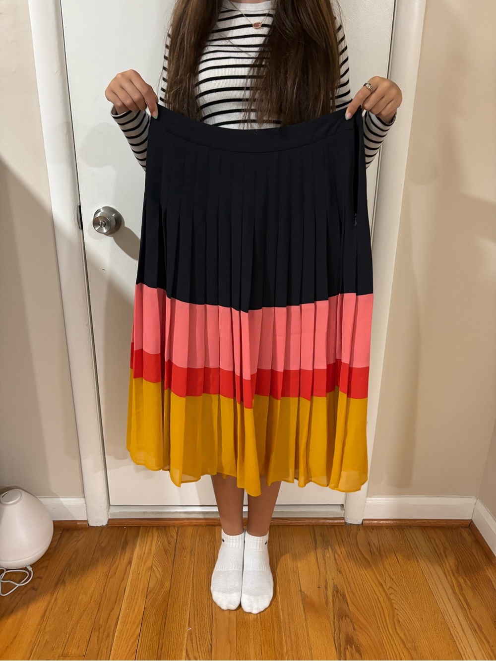Ann Taylor Pleated Colorblock Midi Skirt in Navy, Pink, Coral & Mustard